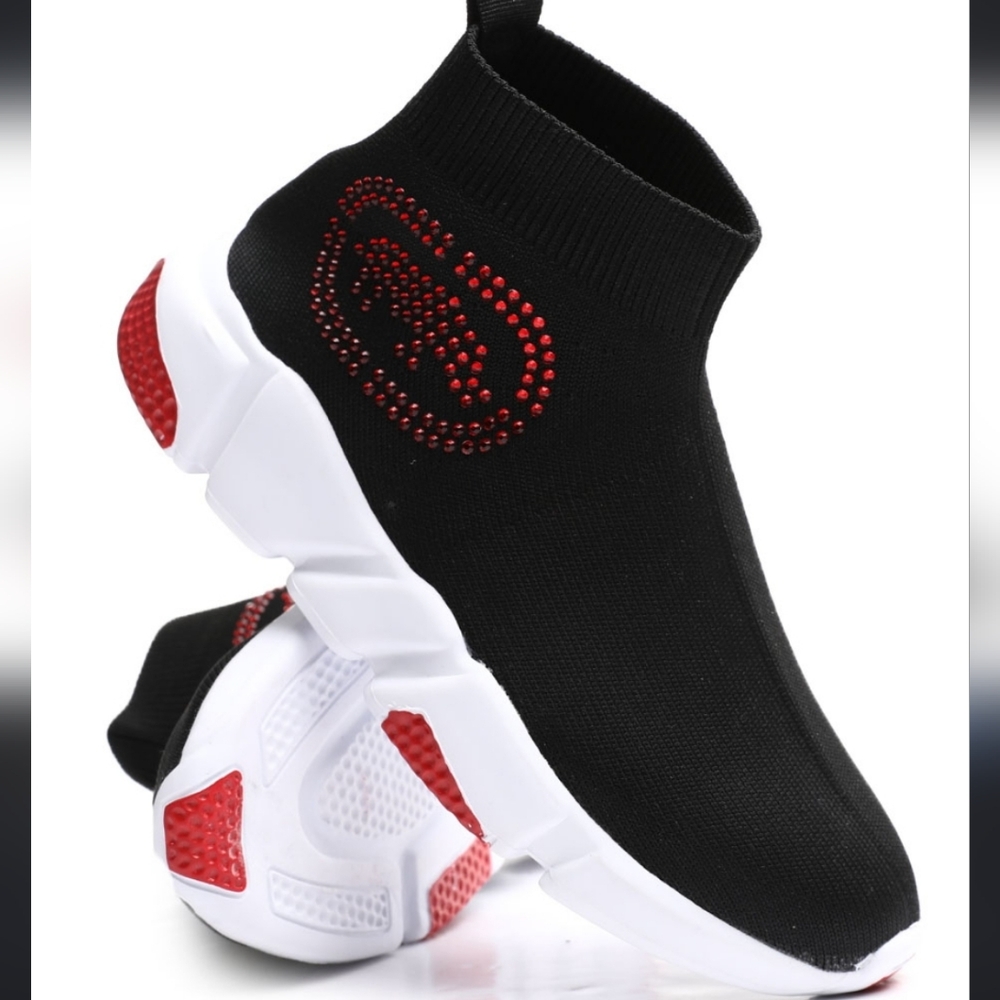 Marc Ecko Red Black Bling Mesh Slip On Sock Jogger Shoes Sz 8.5